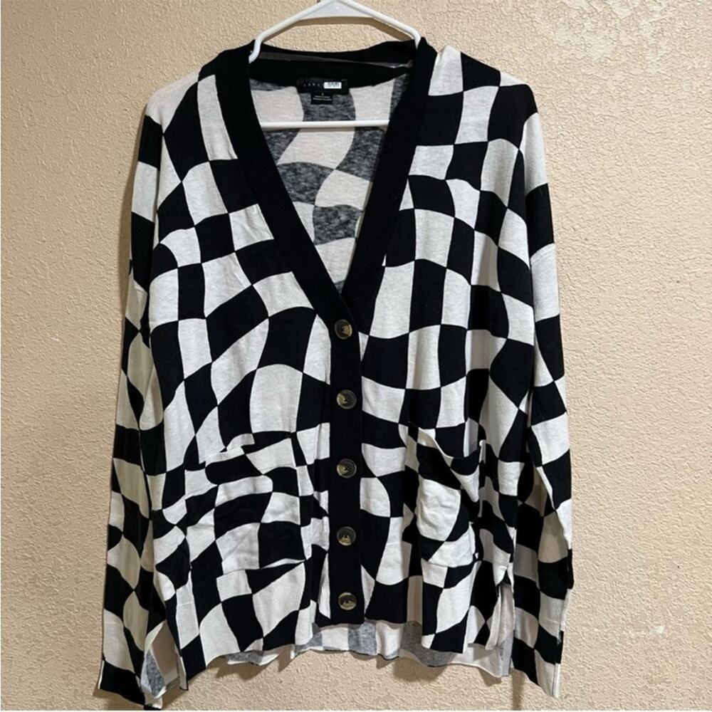Sanctuary Cityscape Cardi Black Warped Check Button Down Cardigan Sweater LARGE